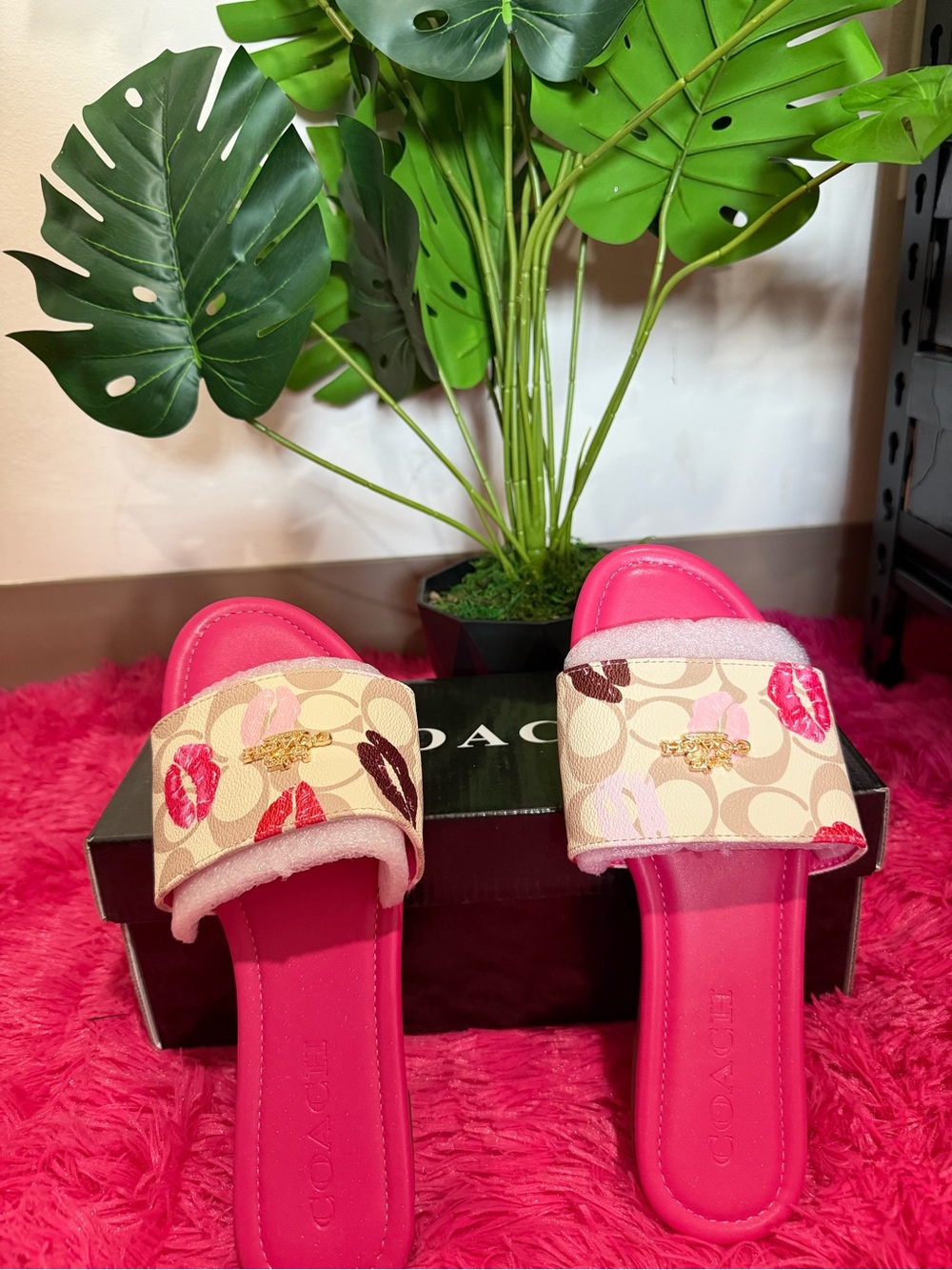 Coach Pink Signature Slide Sandals with Lip Print Strap